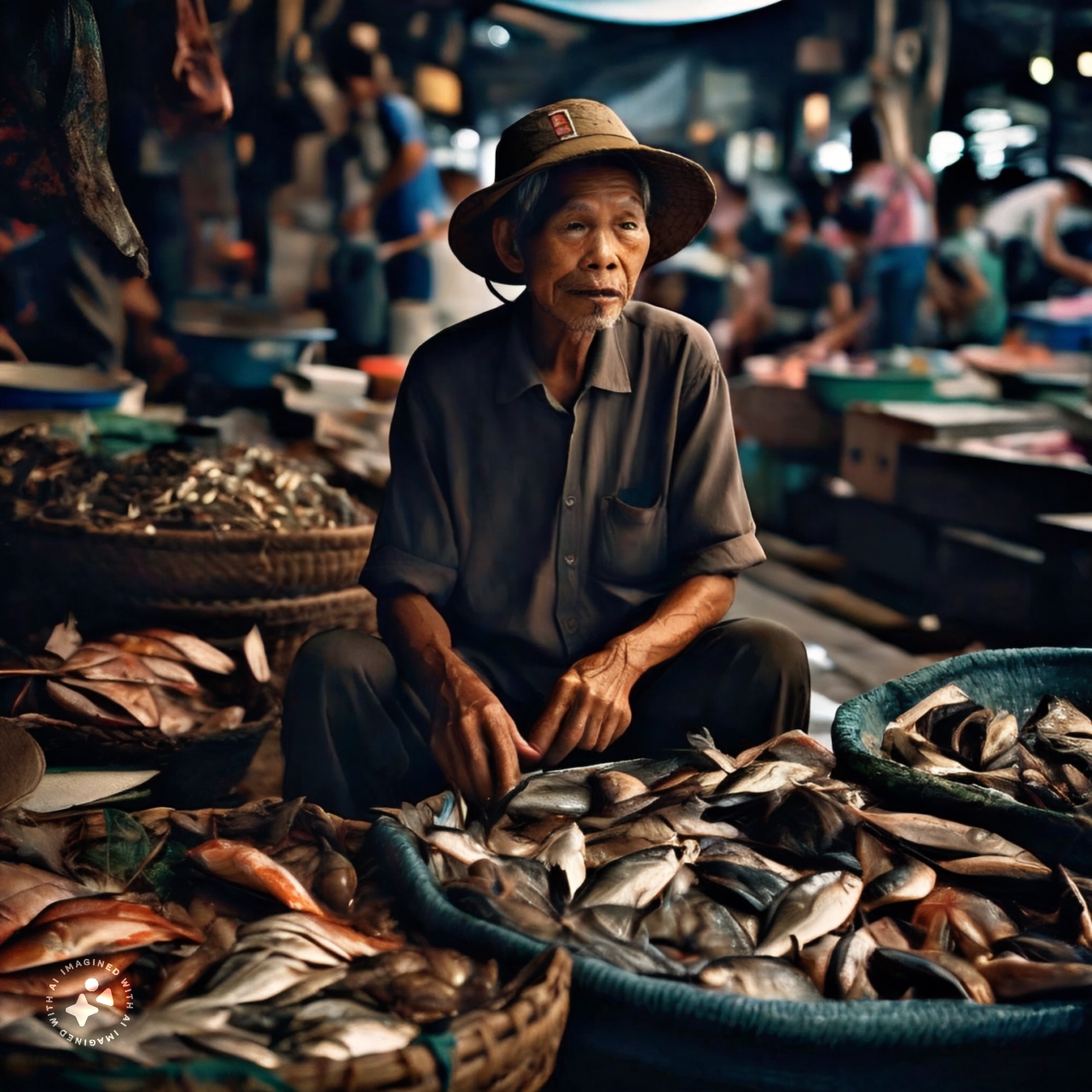 imagine ai An aged gentleman selling his freshly caught wares at a bustling fish market in South East Asia, realistic