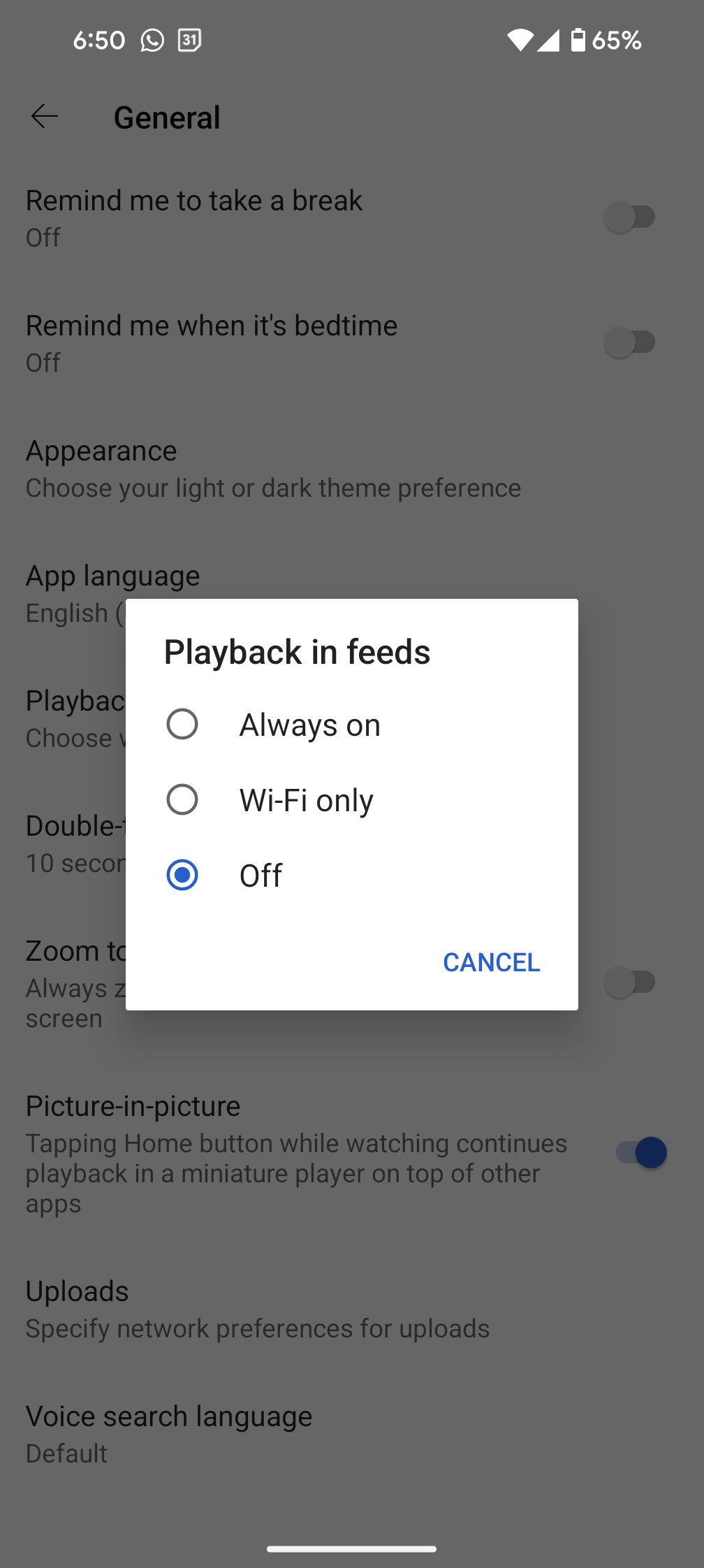 youtube mobile settings playback in feeds off