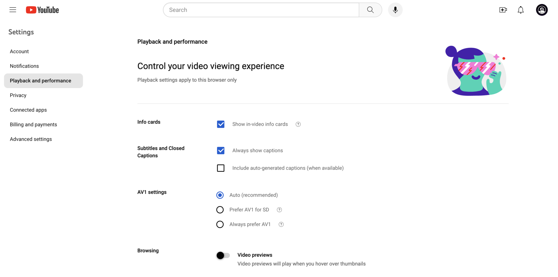 youtube web settings playback performance
