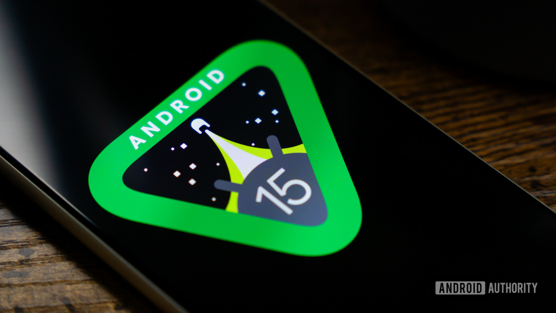 Android 15 logo on smartphone stock photo (2)