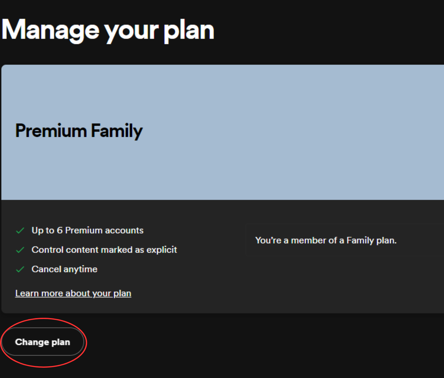 Under the current subscription plan, click on "Change plan".