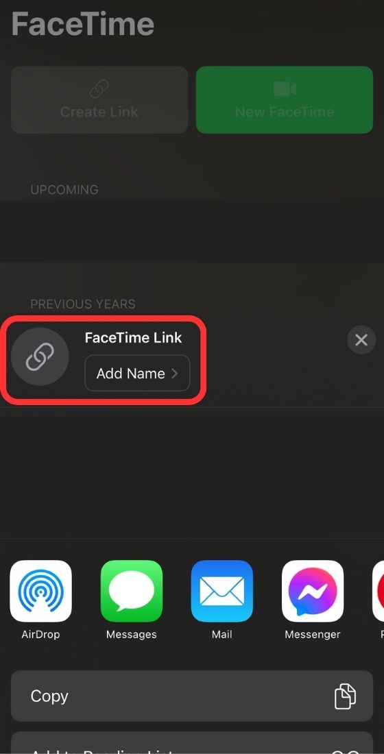 FaceTime add name to link