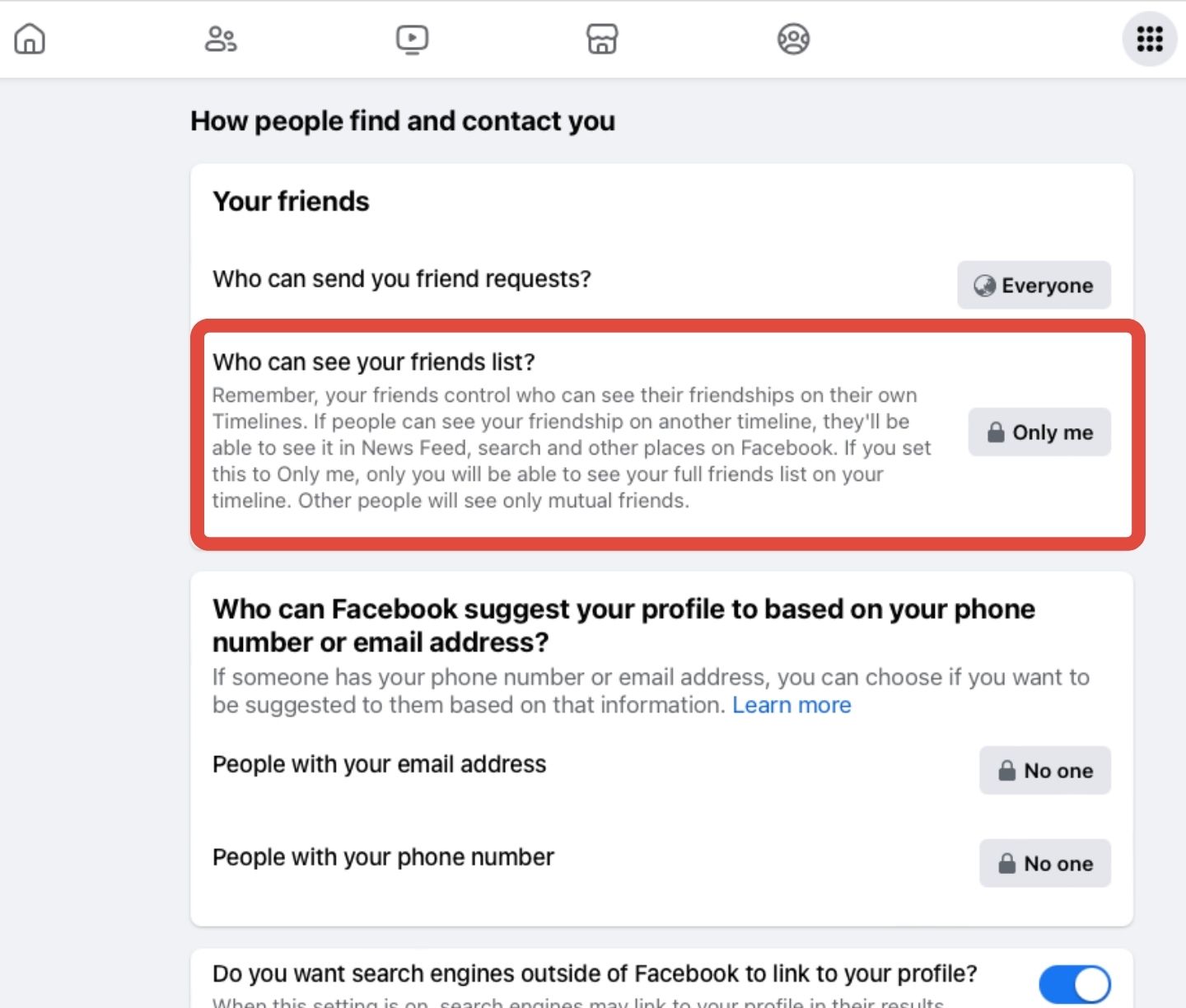 Facebook friends list setting