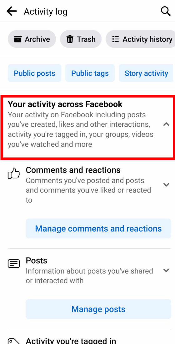 Facebook your activity aross Facebook