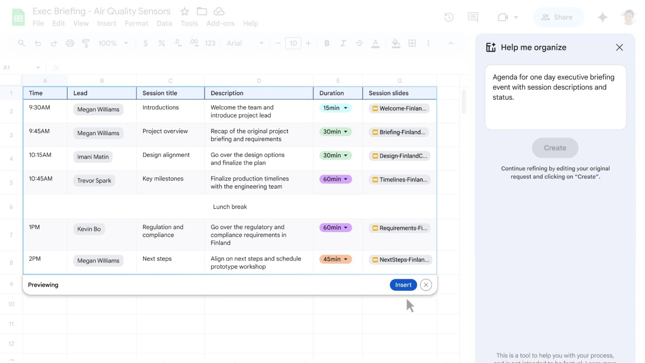 Gemini Sheets Help me organize