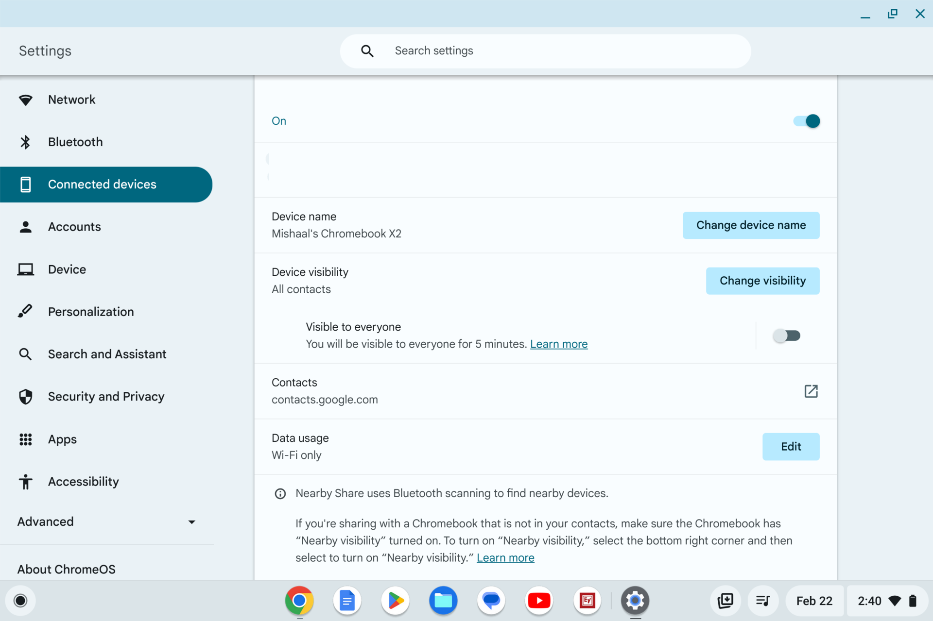 Nearby Share settings on Chrome OS