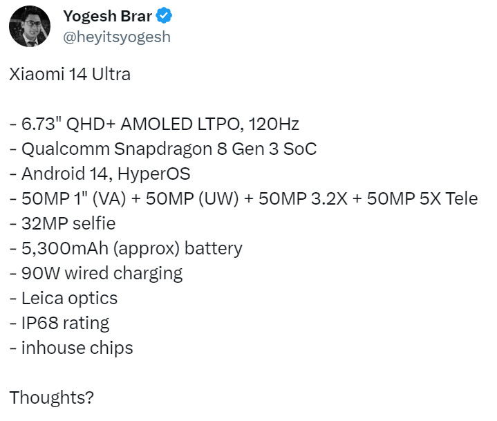 Xiaomi 14 Ultra specs Yogesh Brar