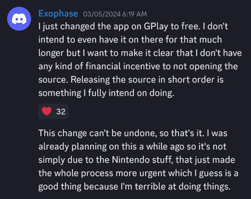 A message from the Drastic emulator developer on Discord.