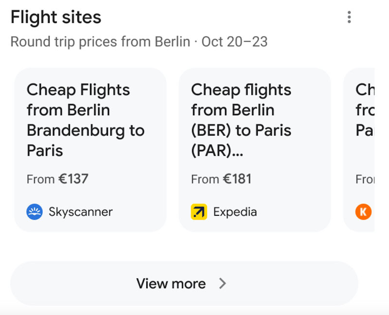 Google Flight sites chip