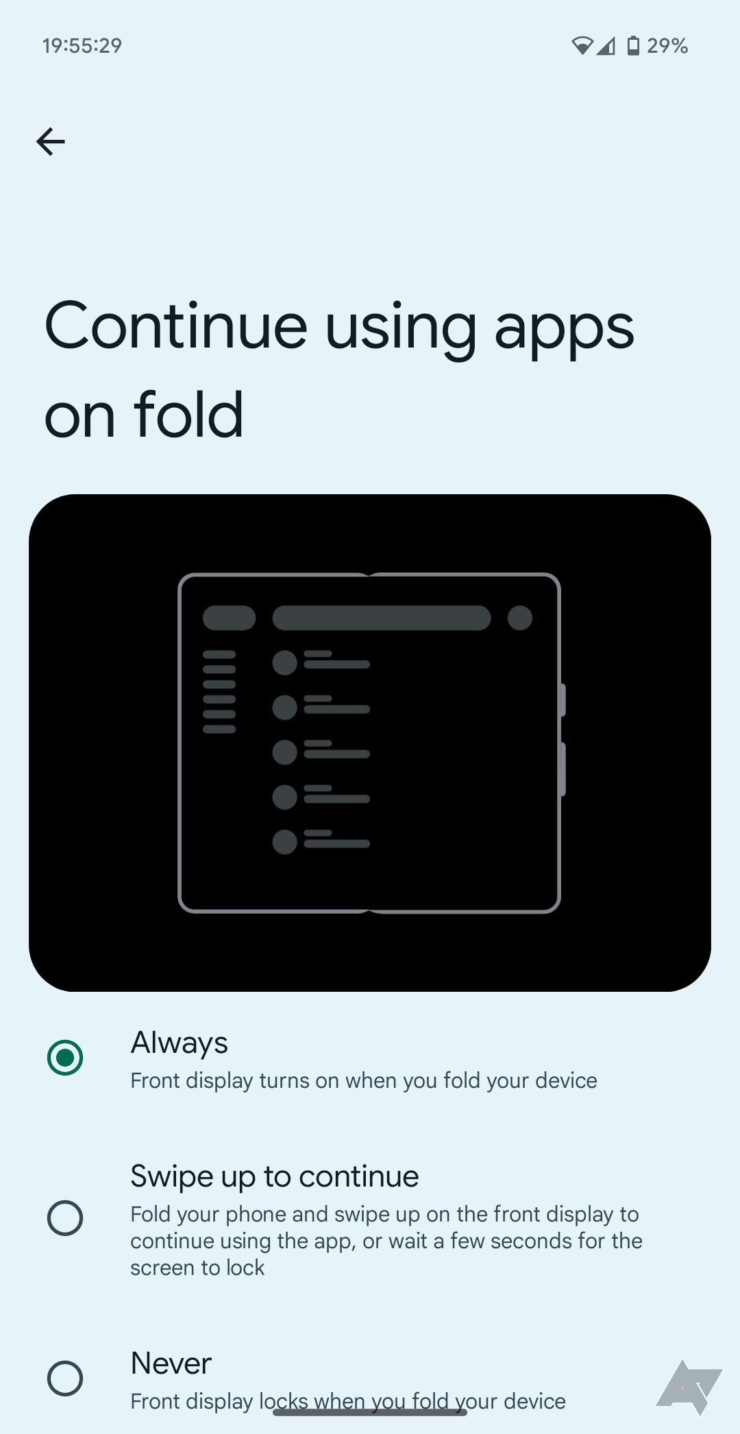Google Pixel Fold Android 15 DP2 Faites glisser votre doigt vers le haut pour continuer