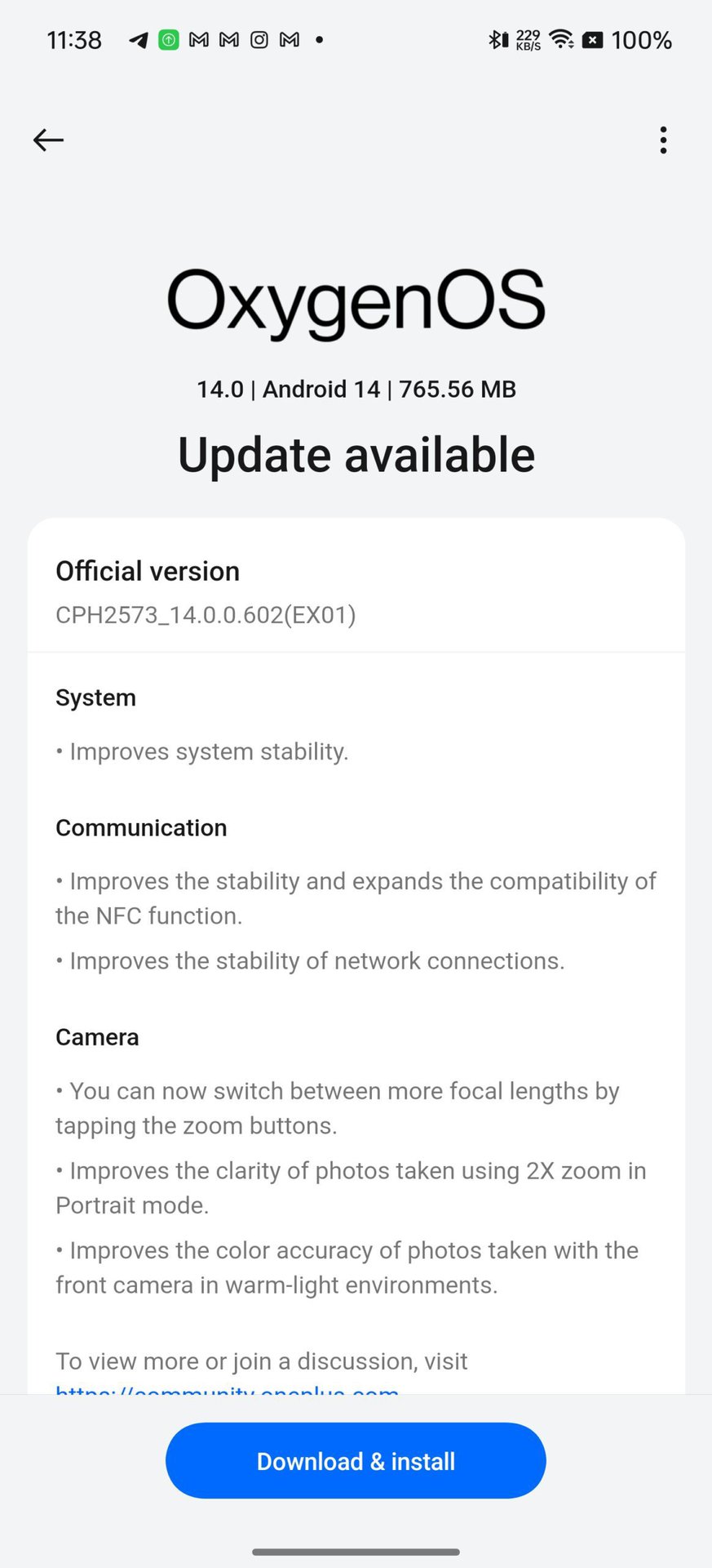 OnePlus OxygenOS 14.0.0.602 update screenshot showing new system, communication and camera improvements.
