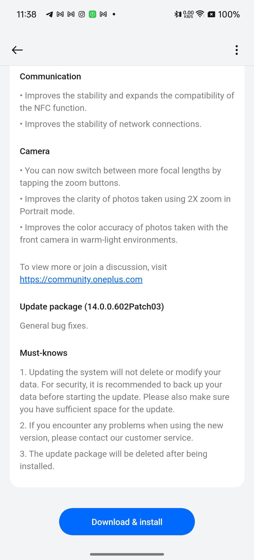 OnePlus OxygenOS 14.0.0.602 update showing update package information and must-knows.