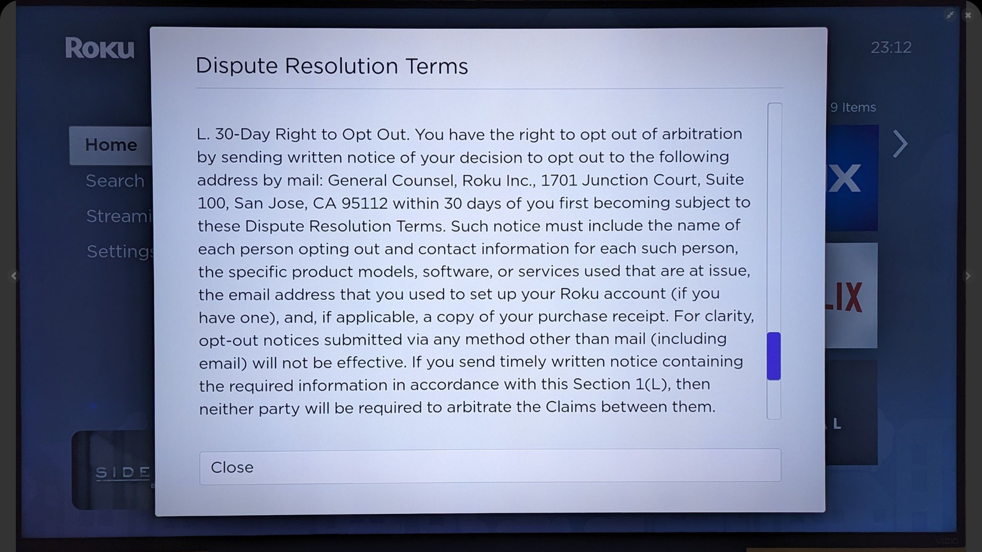 The opt-out process for Roku's updated Dispute Resolution terms