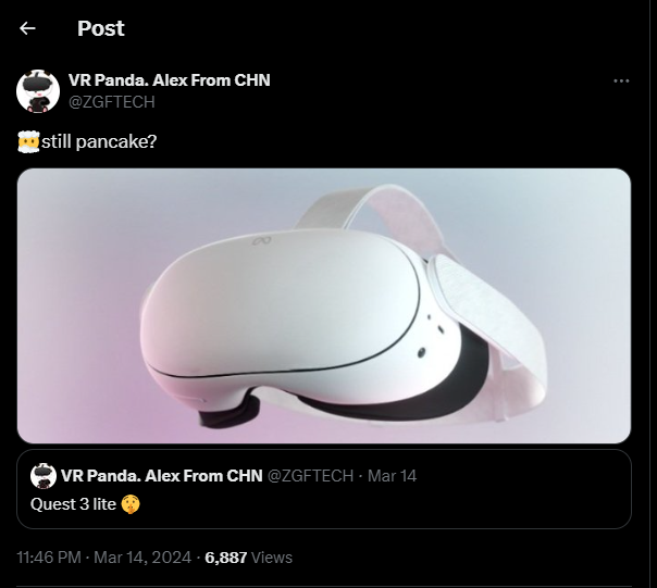 Captura de pantalla de Twitter de la foto filtrada de Meta Quest 3 Lite