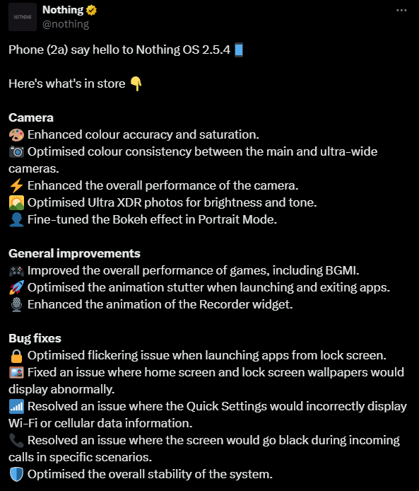 Nothing OS 2.5.4 udapte for Nothing Phone 2a