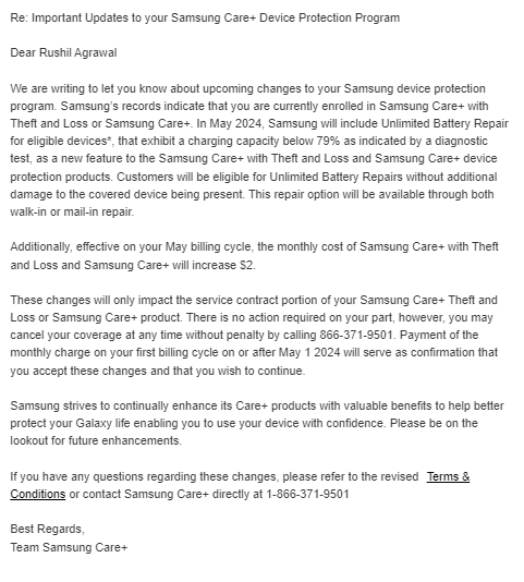 Samsung Care Plus upgraded battery repair mail