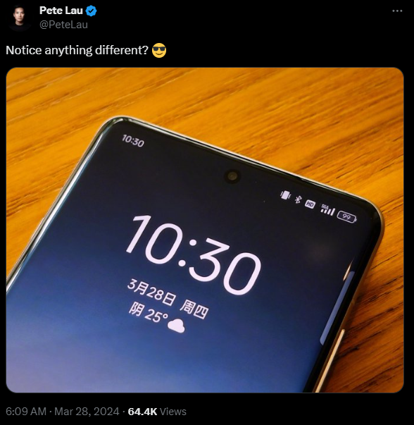 Tweet de Pete Lau mostrando Find X7 Ultra com conectividade 5GA