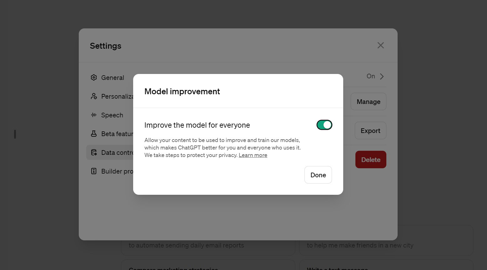 chatgpt data controls improve model everyone