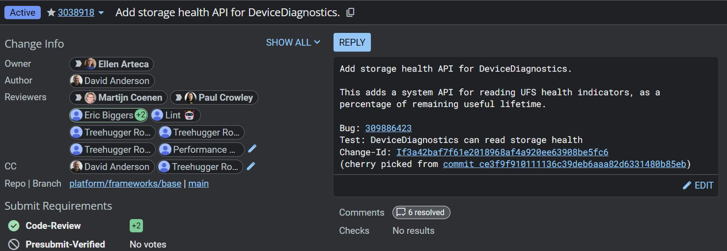 ストレージ寿命 API を実装する AOSP パッチ