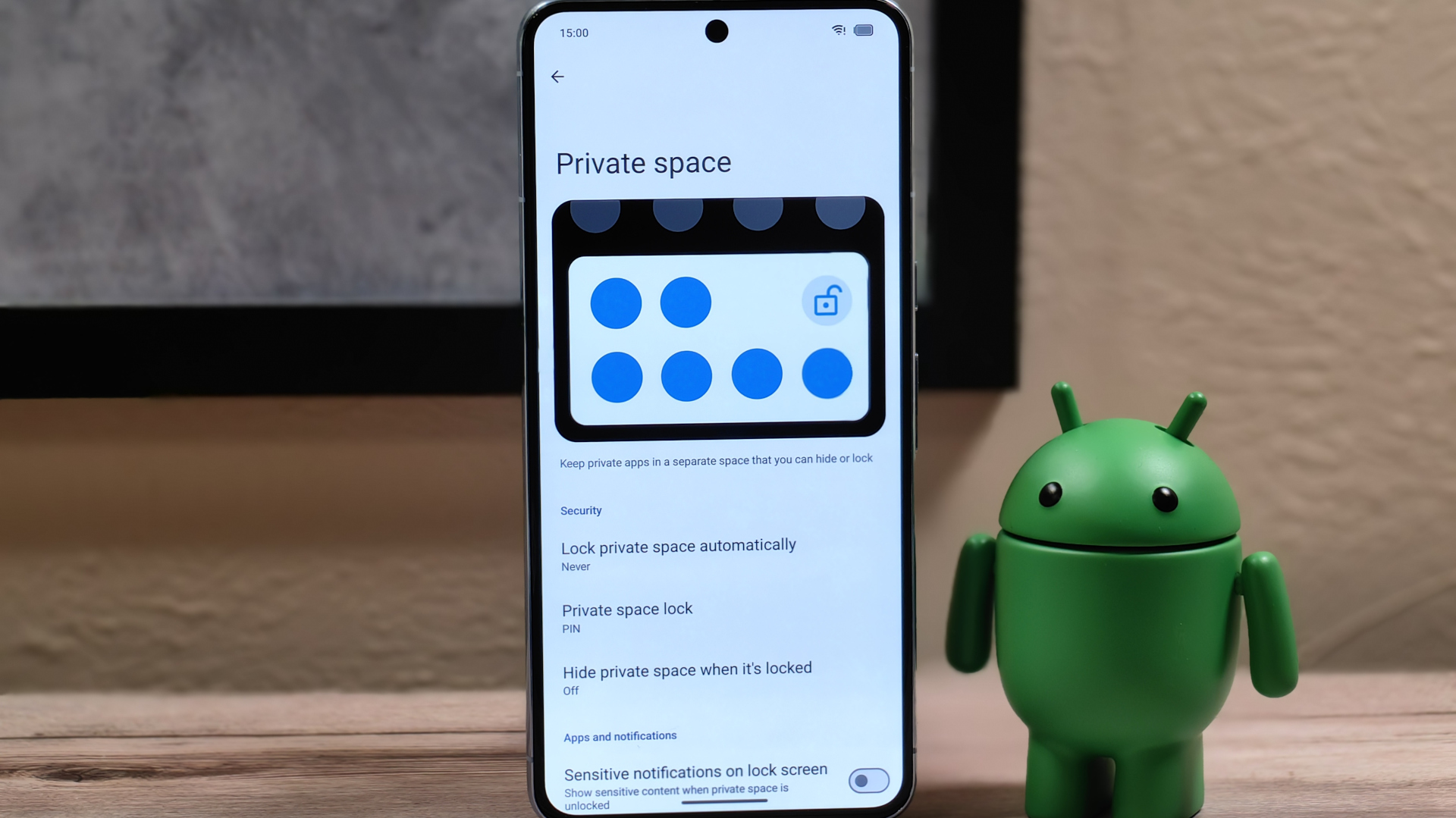 Página de configuración del espacio privado de Android 15