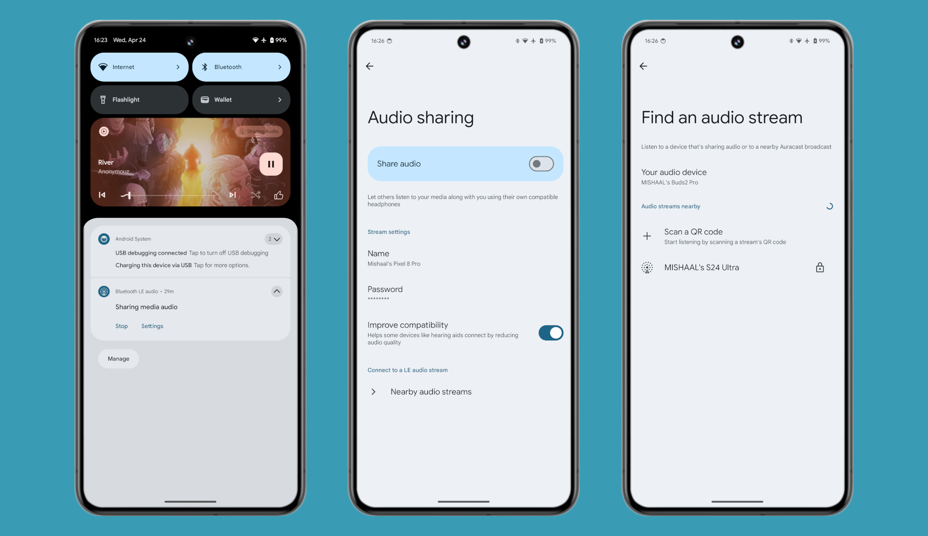 Przesyłanie strumieniowe udostępniania dźwięku w systemie Android 15