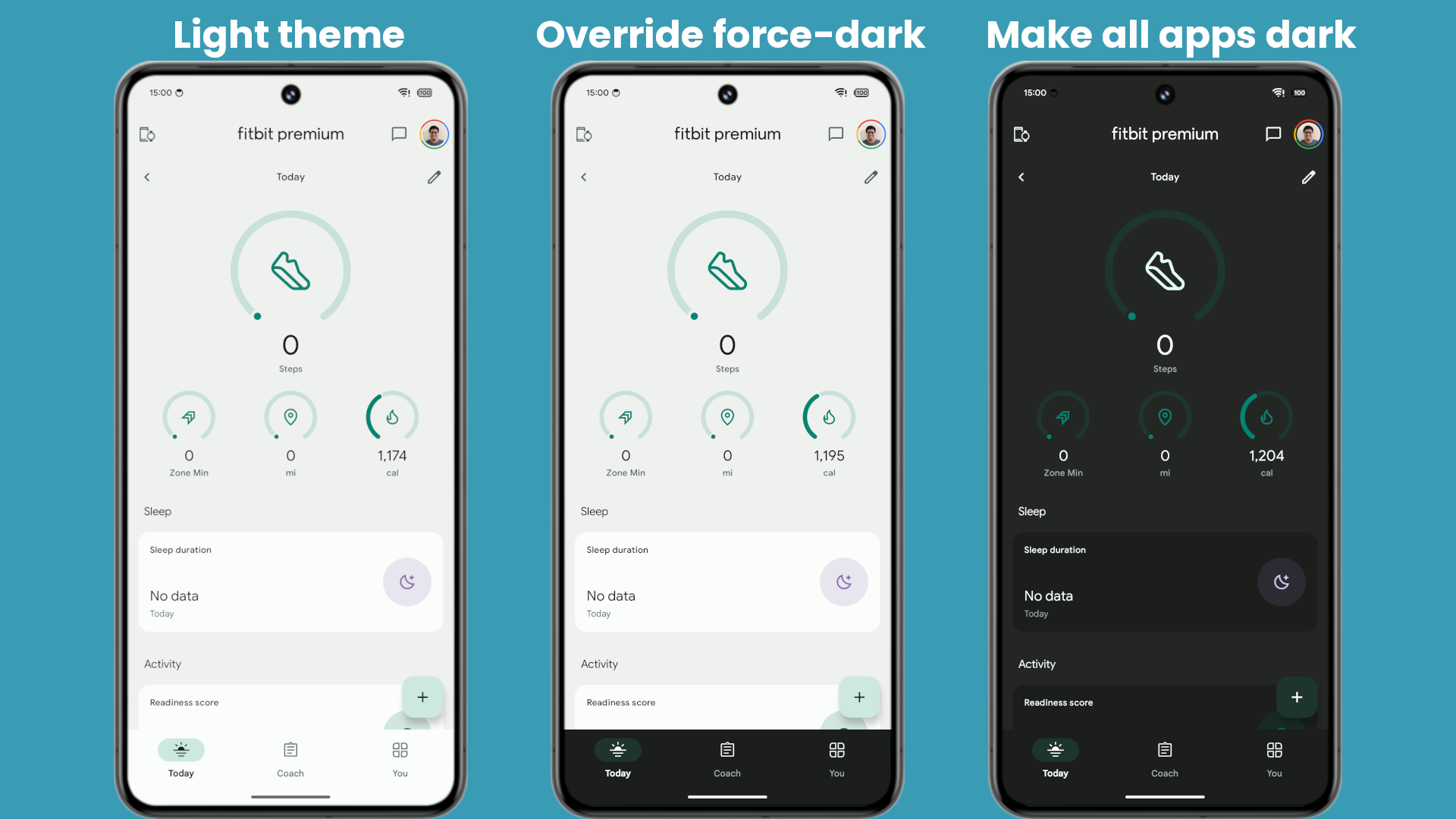Android 15 make all apps dark comparison Fitbit