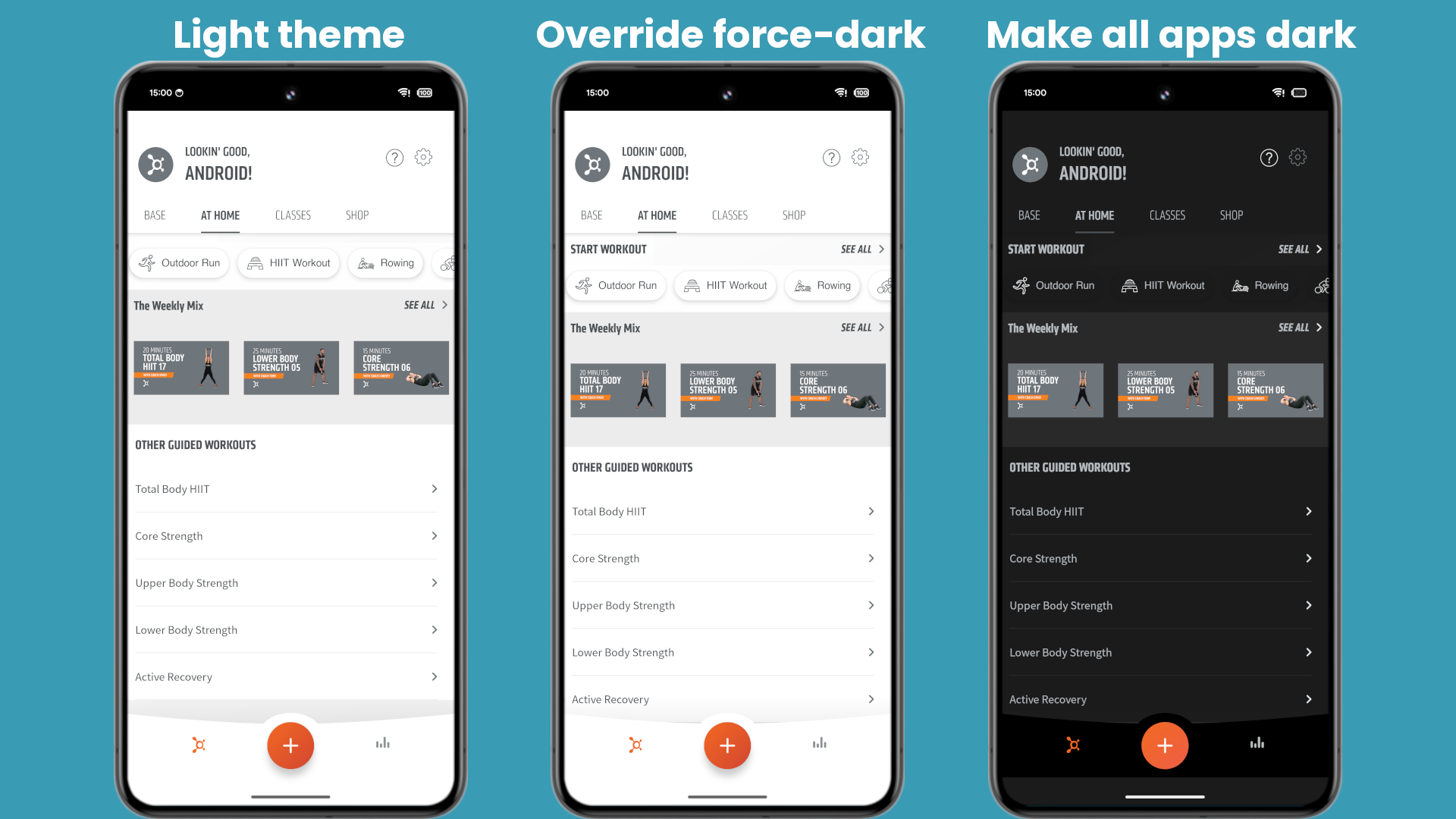 Android 15 make all apps dark comparison Orangetheory