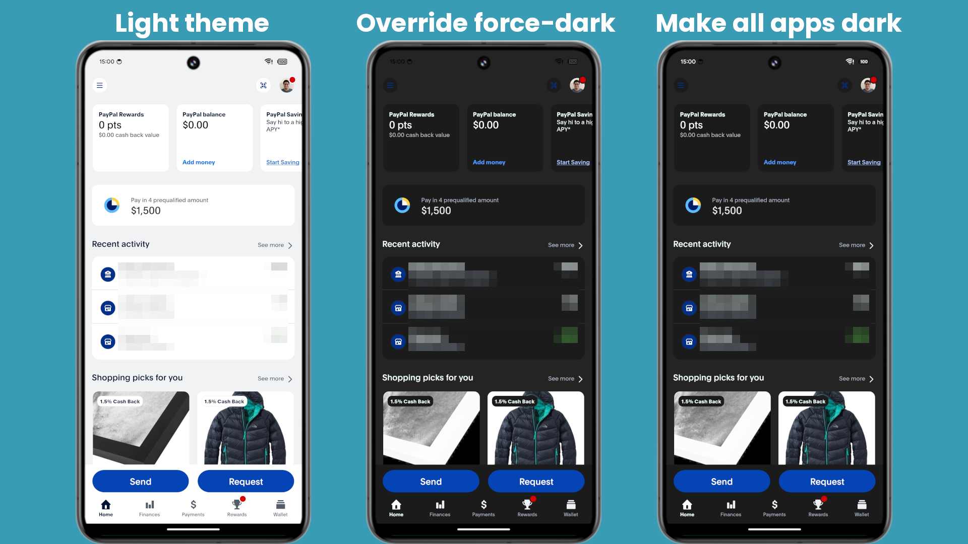 Android 15 make all apps dark comparison PayPal