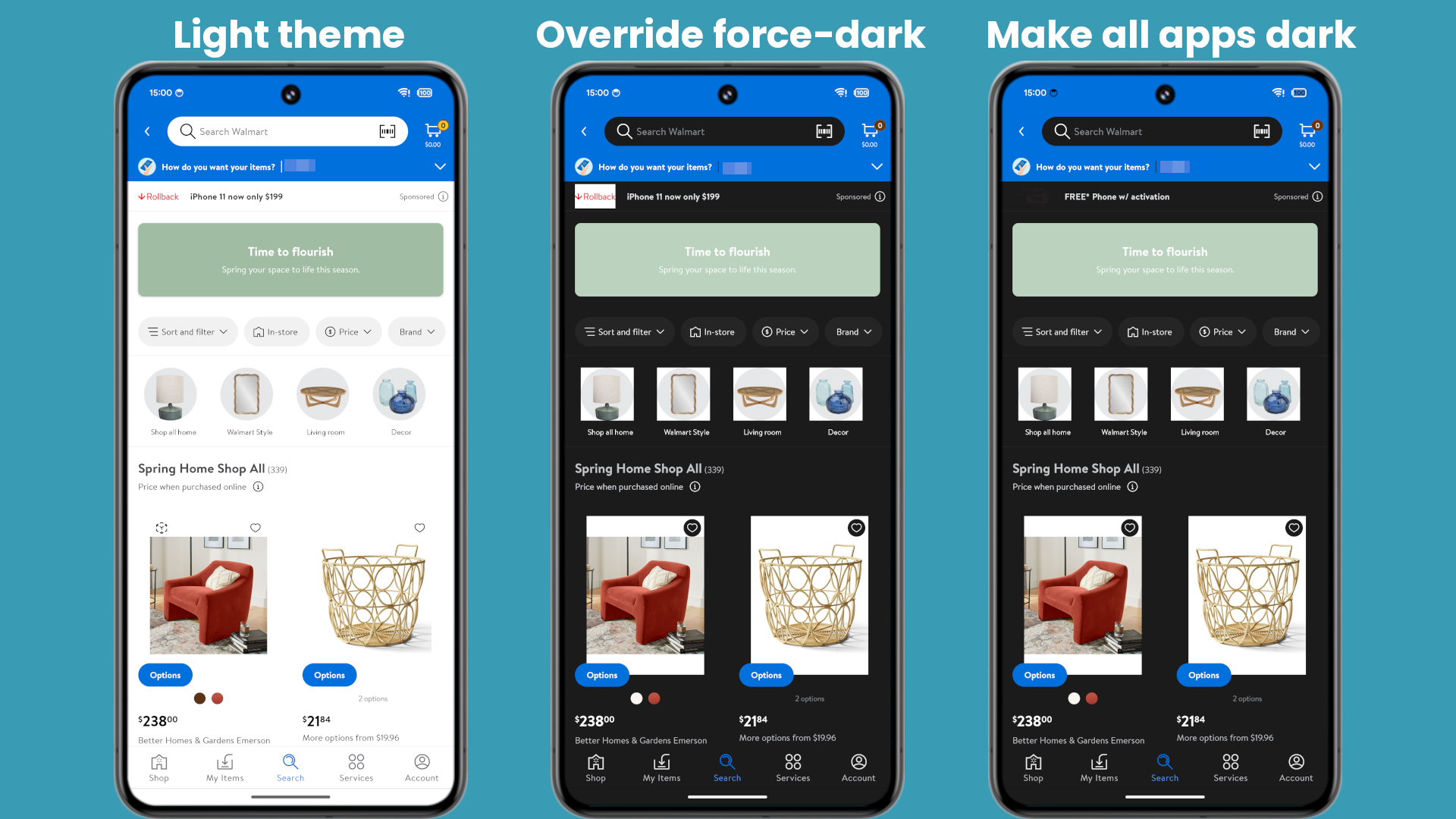 Android 15 make all apps dark comparison Walmart