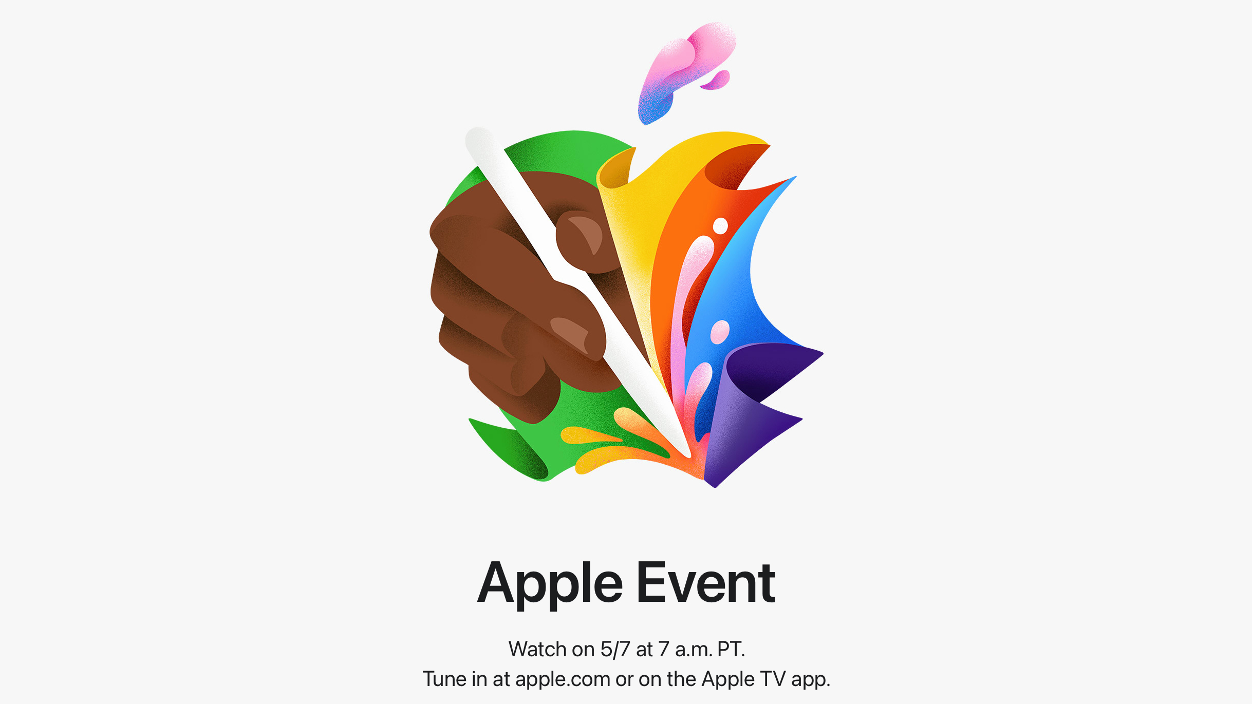 Apple event poster featuring a hand holding an Apple Pencil.
