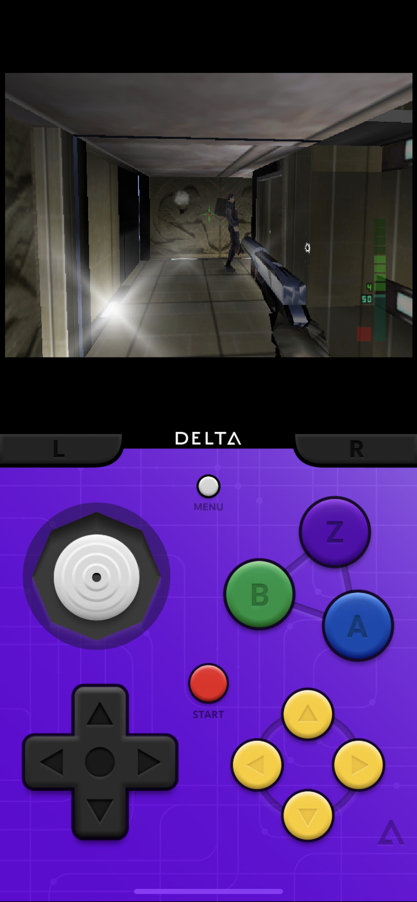 A screenshot of the Delta emulator running Perfect Dark.