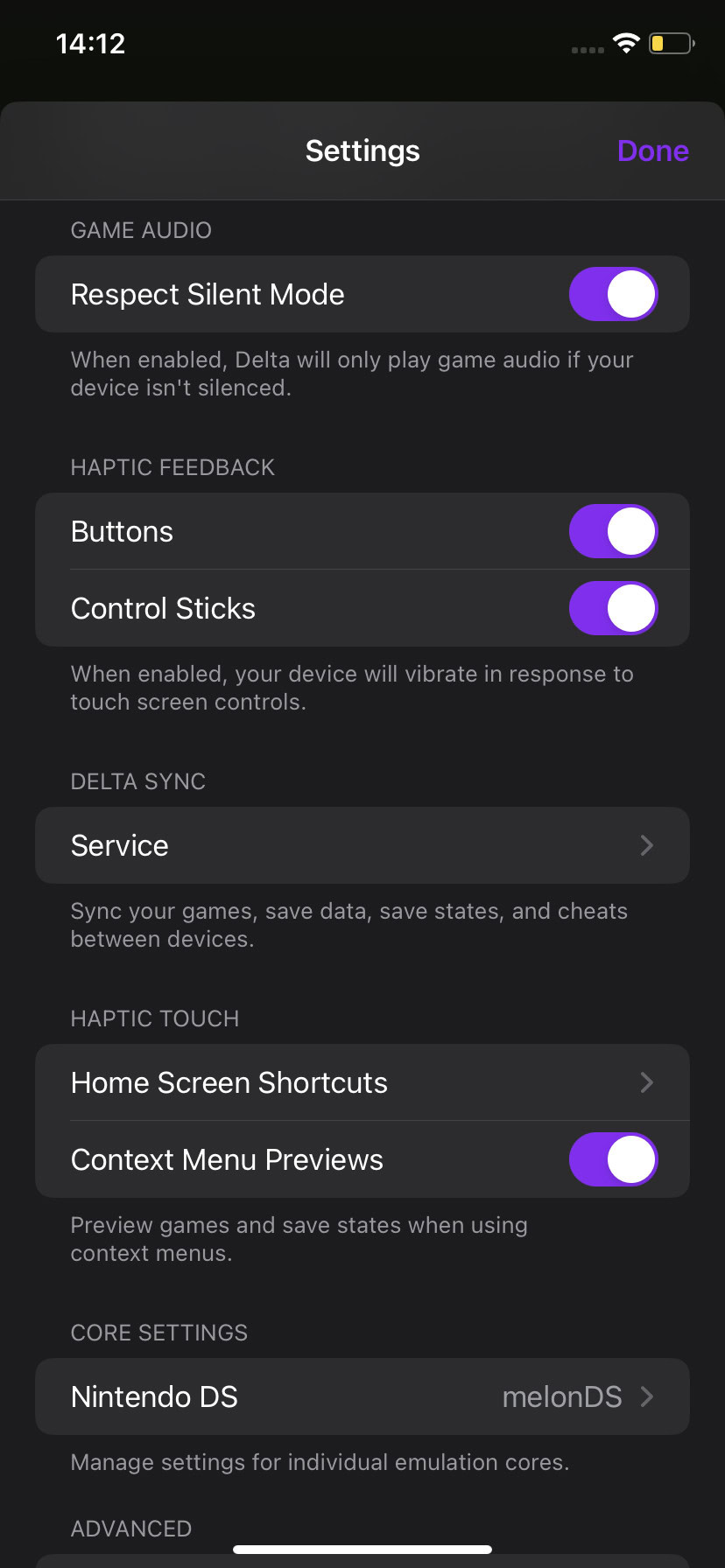 Delta for iOS settings menu.