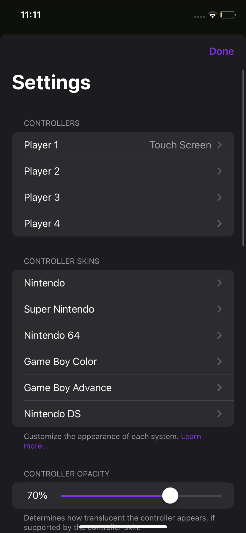 A screenshot of the Delta emulator's settings menu.