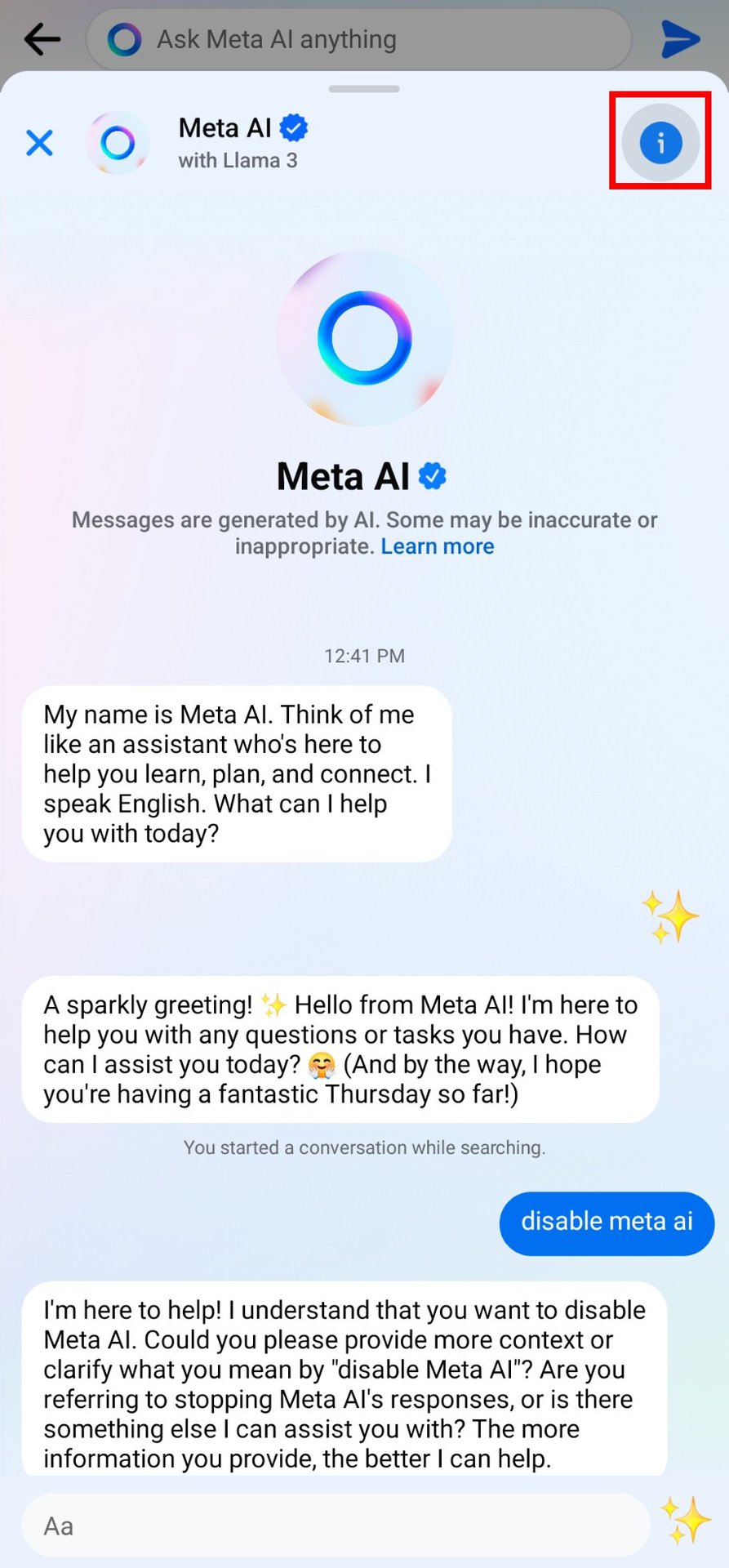Facebook Meta AI chat page