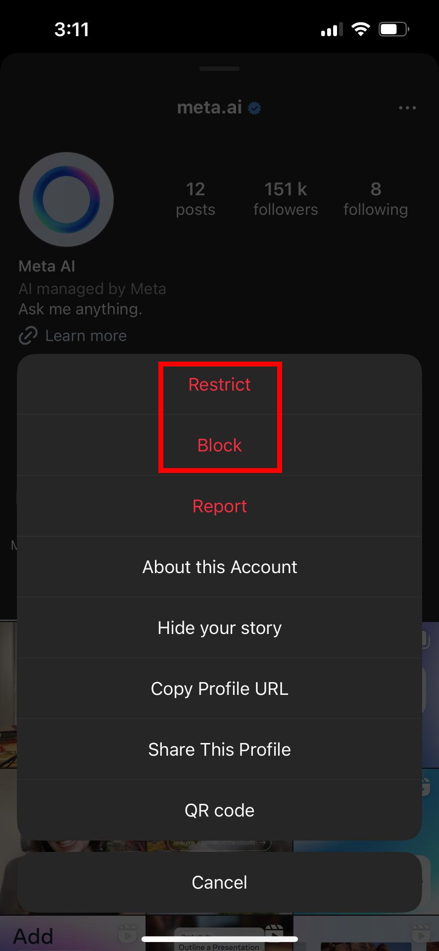 Instagram Meta AI profile options
