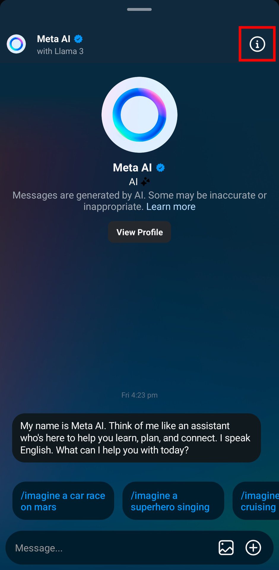 Instagram Meta AI chat page