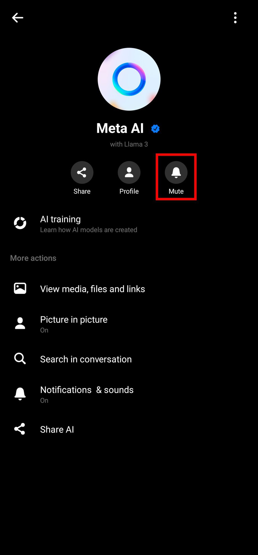 Messenger Meta AI chat options page