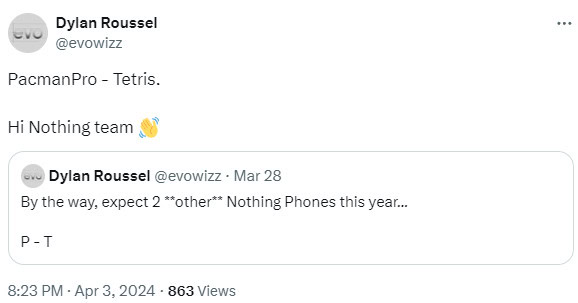 Una publicación X de Dylan Roussel que revela dos nombres en clave para los próximos teléfonos Nothing.
