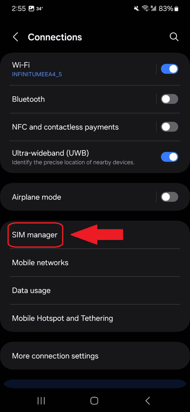 Galaxy S22 Plus Connections Menu SIM Manager Highlighted