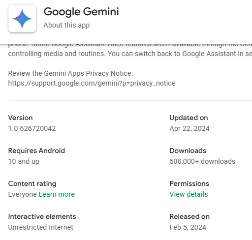 Gemini play store Android 10 listing