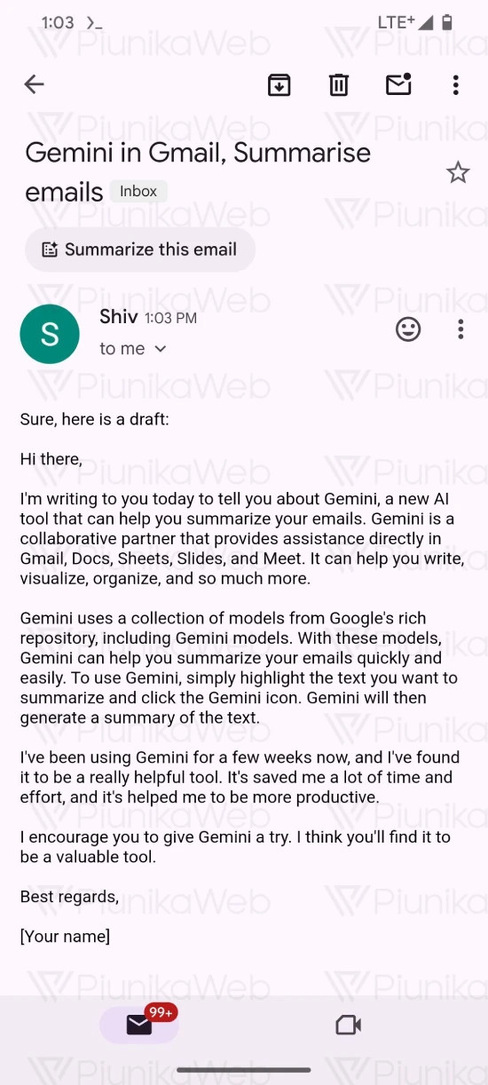 Botón de resumen de correo electrónico de Gemini Captura de pantalla de Piunikaweb