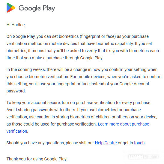 Google's email regarding biometric verification changes on the Play Store.