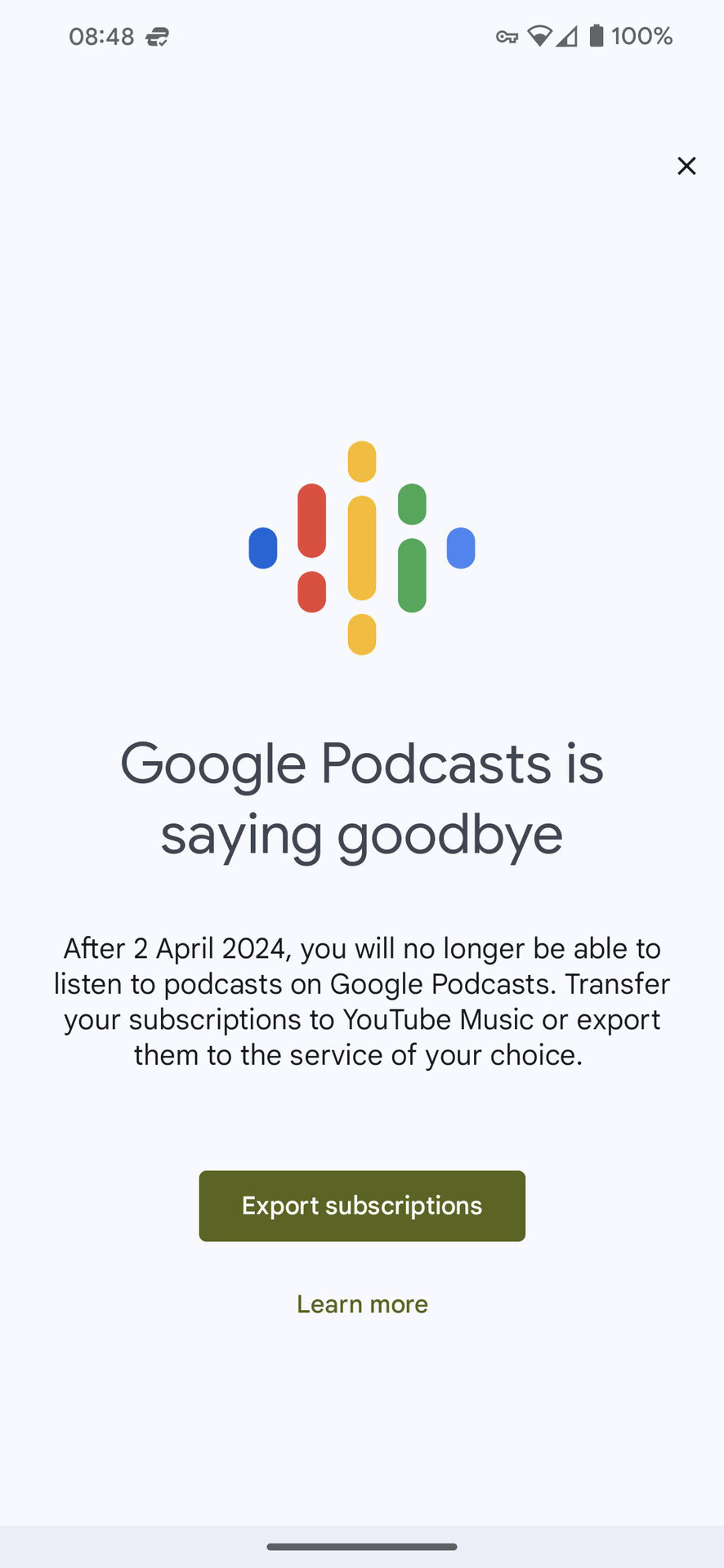 Powiadomienie o zamknięciu Podcastów Google
