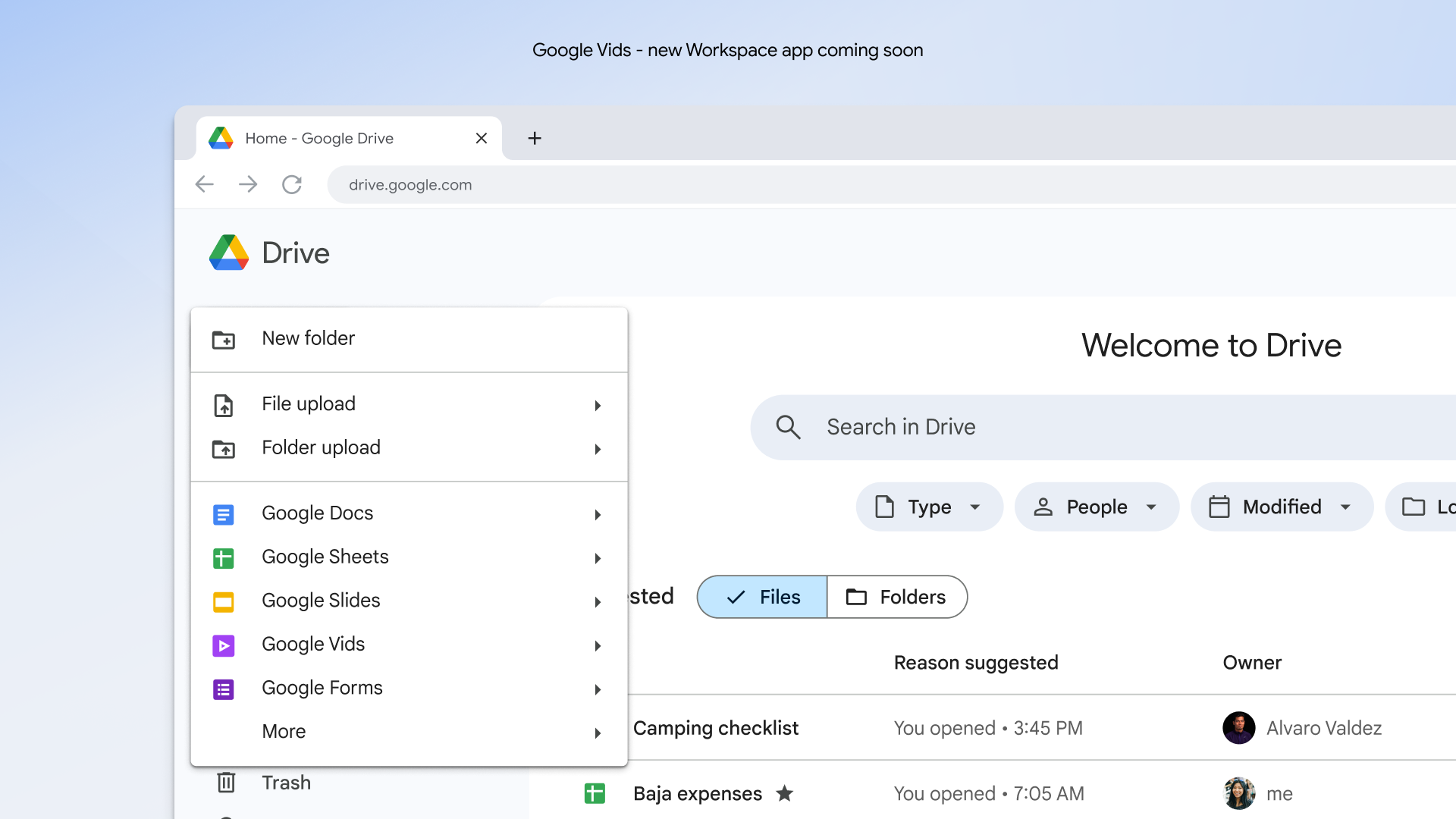 Google Vids Drive menu