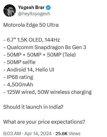 Especificações do Motorola Edge 50 Ultra Yogesh Brar