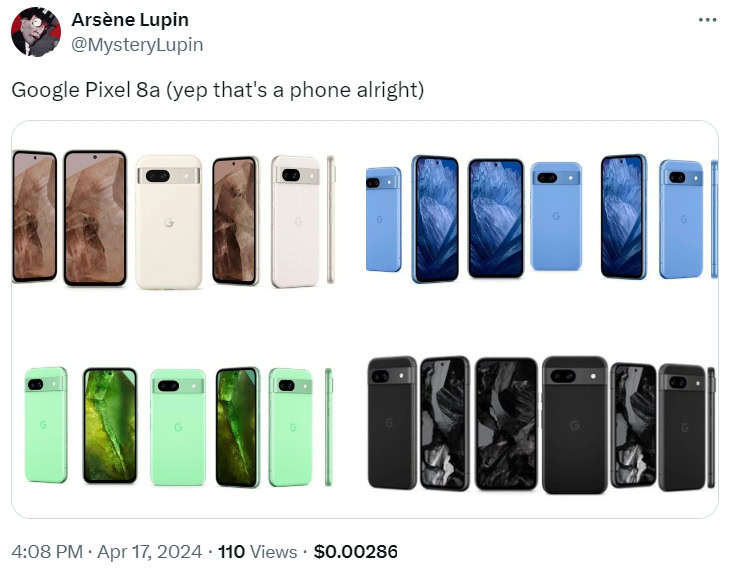 Pixel 8a vazou renderizações em todas as quatro cores