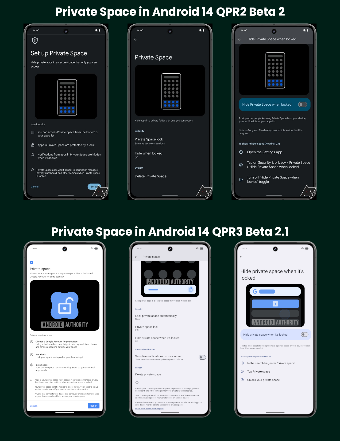 Private Space in Android 14 QPR2 Beta 2 versus QPR3 Beta 2 1
