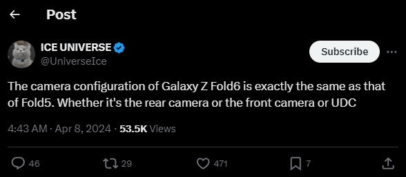 Tweet de Ice Universe sobre el Galaxy Z Fold 6