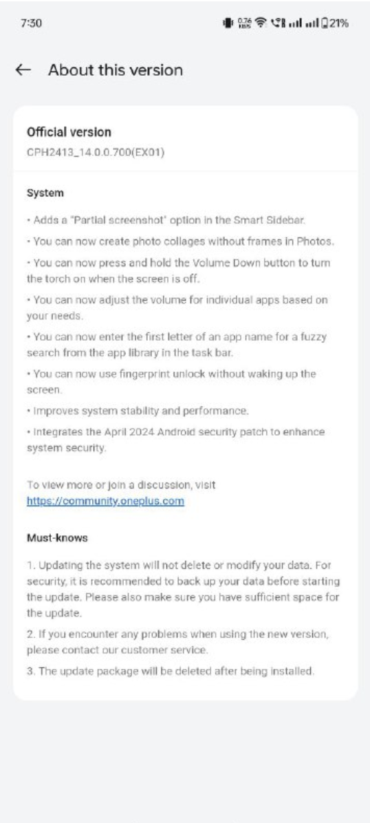 Ekran instalacji aktualizacji OxygenOS 14.0.0.700 dla OnePlus 10T