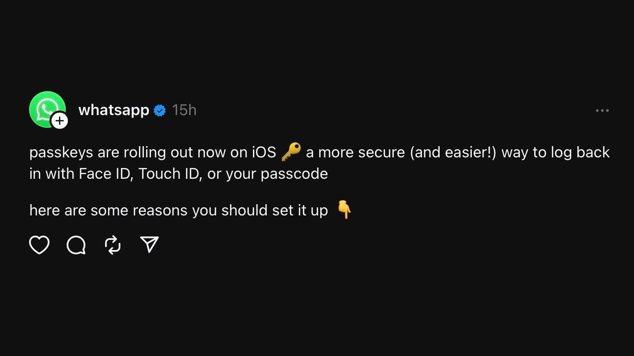 Threads post by WhatsApp announcing passkey support on iOS